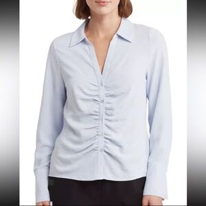 Laundry by Shelli Segal Ruched Long Sleeve Button Front Top Light Blue Small